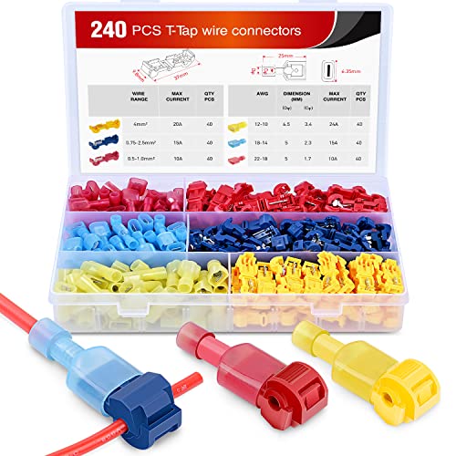 Nilight - 50031R 240 Pcs/120 Pairs Splice Wire Terminals T-Tap Self-Stripping with Nylon Fully Insulated Male Quick Disconnects Kit