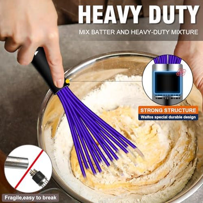Walfos Whisk,7+9+11in Silicone Whisks for Cooking Non Scatch,Kitchen Whisk,BPA Free and Heat Resistant 480°F,Wisk Perfect for Frothing,Blending,Beating.Dishwasher Safe 3pcs Dark Purple