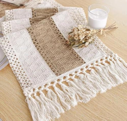 Fexia Boho Table Runner for Home Decor with Tassels 90 Inch Cream & Brown Macrame Runner for Dining & Bedroom Baby Bridal Shower Decor(12x90 Inches)