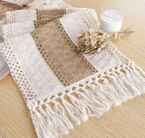 Fexia Boho Table Runner for Home Decor with Tassels 90 Inch Cream & Brown Macrame Runner for Dining & Bedroom Baby Bridal Shower Decor(12x90 Inches)