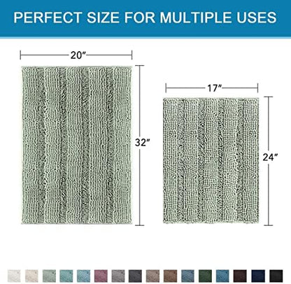 H.VERSAILTEX Sage Bathroom Rugs, Bath Mat Set of 2 Extra Thick Chenille Striped Pattern Shaggy Bath Rugs for Bath Room, Non Skid Bath Mats for Bathroom Floor (32 x 20 Plus 24 x 17 - Inches)