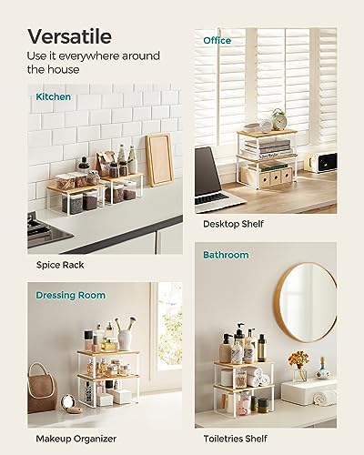 SONGMICS Cabinet Organizer Shelf, Set of 4 Kitchen Counter Shelves, Kitchen Storage, Spice Rack, Stackable, Expandable, Metal and Engineered Wood, Cloud White and Natural Beige UKCS010N01