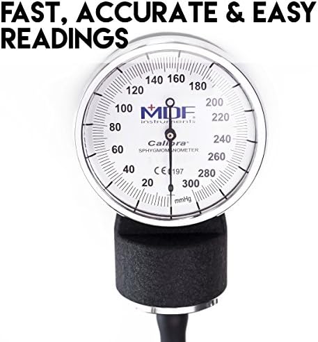 MDF Instruments, Calibra Aneroid Premium Professional Sphygmomanometer, Blood Pressure Monitor with Adult Cuff & Carrying Case, Lifetime Calibration, White Dial, Navy Blue Cuff, MDF808M04