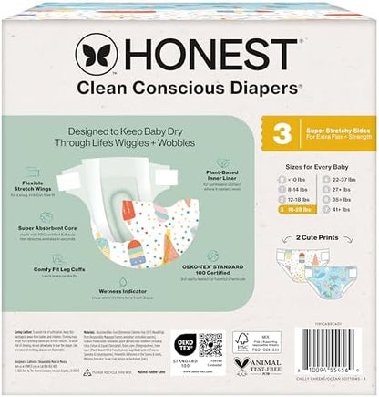 The Honest Company Clean Conscious Diapers for Delicate Skin | Up to 100% Leakproof | Hypoallergenic, Fragrance Free | Summer '25 Limited Edition Prints | Club Box, Size 3 (16-28 lbs), 62 Count