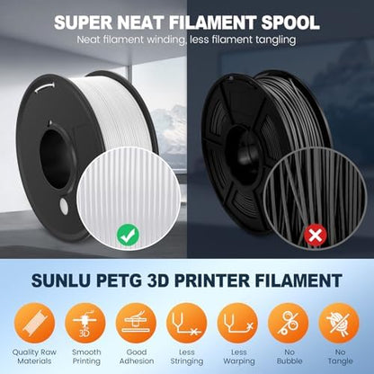 SUNLU 3D Printer Filament Bundle Multicolor PETG Filament 1.75mm, Individually Vacuum-Sealed, 2kg in Total, 0.25kg per Spool, 8 Pack, 8 Colors, Black+White+Red+Yellow+Pink+Blue+Orange+Green
