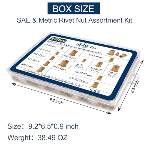 Metric & SAE Rivet Nut Assortment Kit(420 Pcs),m3 m4 m5 m6 m8 m10 m12#6-32#8-32#10-24 1/4"-20 5/16"-18 3/8"-16 UNC Flat Head Rivnut Set,Zinc Plated Finish Carbon Steel Nutsert