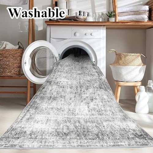 5x7 Washable Area Rug Gray Vintage Traditional Floor Cover Foldable Thin Kitchen Accent Indoor Distressed Non Slip Carpet Floral Print Mat Bedroom Living Room Bathroom