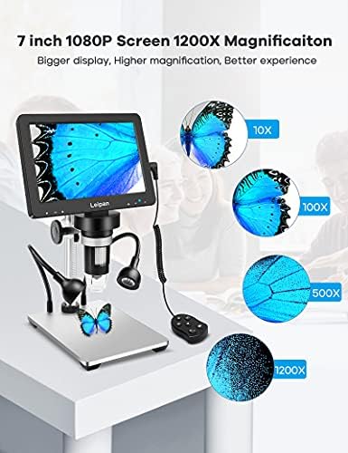 7" LCD Digital Microscope 1200X,Leipan 12MP Coin Microscope with Screen for Adults,1080P Video Microscope with 32GB TF Card and 12pcs Slides,Wired Remote,2 Side Lights,Windows/Mac OS Compatible