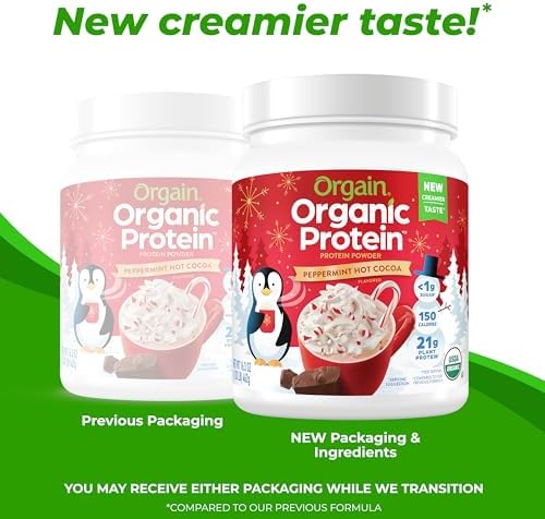 Orgain Organic Vegan Protein Powder, Peppermint Hot Cocoa Holiday Flavor - 21g of Plant Protein, 5g Prebiotic Fiber, No Lactose Ingredients, No Added Sugar, Non-GMO, For Shakes & Smoothies, 1.02 lb
