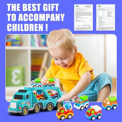 Veslier Toy Trucks Car for 1 2 3 4 5 Year Old Toddlers Boys Girls,Trucks Toys 5 in 1 Construction Vehicles Toys for Kids Boys Girls,Car Trucks Toys with Light Sound,Christmas Birthday Gifts.