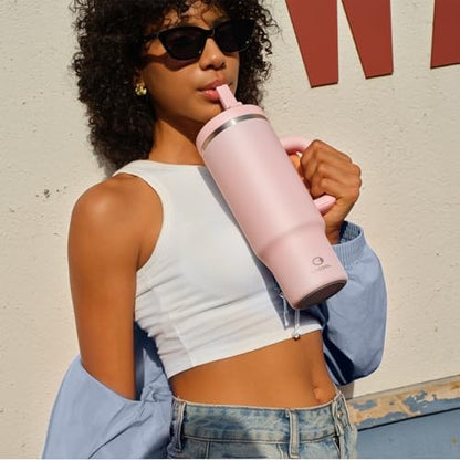 40 oz Tumbler with Handle and Straw: Stainless Steel Insulated Tumbler Keeps Cold for 24 Hours, Leakproof Travel Cup Fits in Cup Holder and BPA-Free, Cotton Candy
