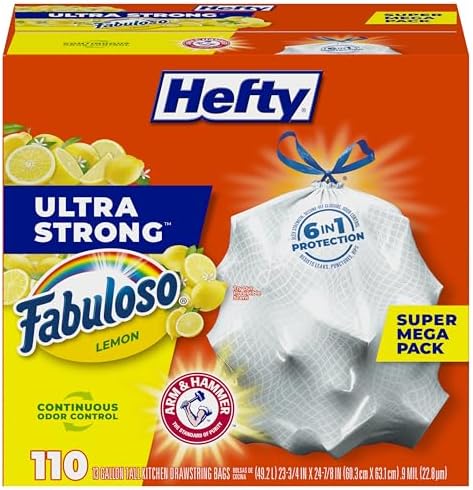 Hefty Ultra Strong 13 Gallon Trash Bags, Tall Kitchen Trash Bags 13 Gallon Size, Resist Leaks, Punctures, and Rips, Continuous Odor Control, White, Fabuloso Lemon Scent, 110 Bags