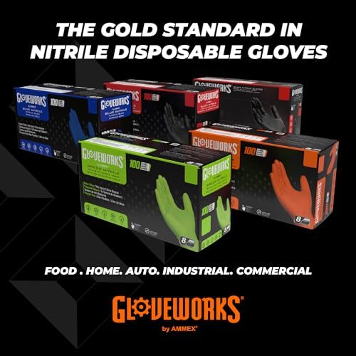 GLOVEWORKS Heavy-Duty Nitrile Gloves, Disposable, Latex Free, 8 Mil, Orange, Diamond Grip Glove