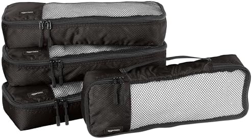 Amazon Basics Slim Packing Cubes for Travel, Packing Organizers, 4-Piece-Set With Double Zipper Pulls and Mesh Top Panel, 100% Durable Polyester, Black, 14"L x 5"W x 3"H