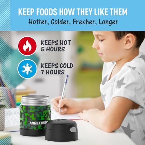 THERMOS FUNTAINER Insulated Food Jar – 10 Ounce – Kid Friendly Food Jar with Foldable Spoon, Minecraft