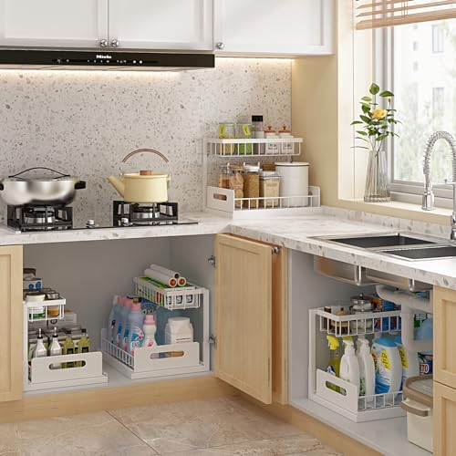 REALINN Under Sink Organizer, Pull Out Cabinet Organizer 2 Tier Slide Out Sink Shelf Cabinet Storage Shelves, Storage for Kitchen Bathroom, White, 2 Pack