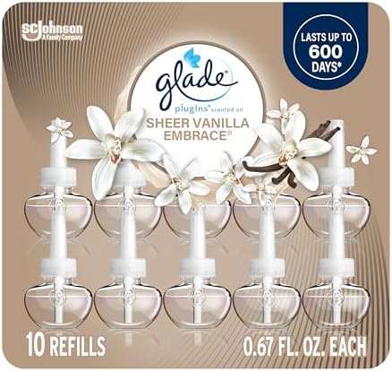 Glade PlugIns Refills Air Freshener, Sheer Vanilla Embrace, Scented and Essential Oils for Home and Bathroom, 0.67 Fl Oz, 10 Count