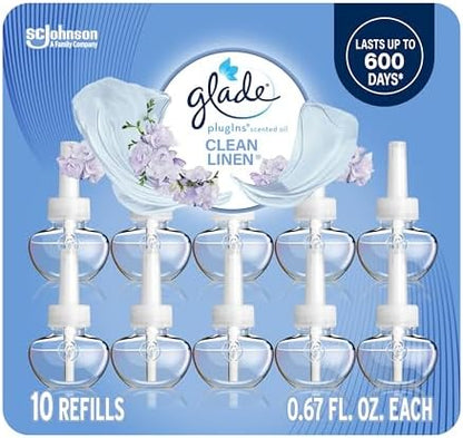 Glade PlugIns Refills Air Freshener, Scented and Essential Oils for Home and Bathroom, Clean Linen, 6.7 Fl Oz, 10 Count (Packaging May Vary)