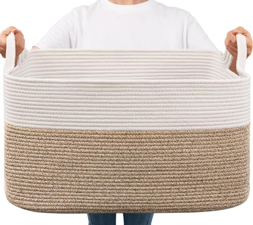 Goodpick Large Woven Blanket Basket, 21.6" x 14.9" x 11.8" Storage Baskets for Organizing, Rectangle Cotton Rope Toy Basket for Living Room, Bedroom, White & Brown