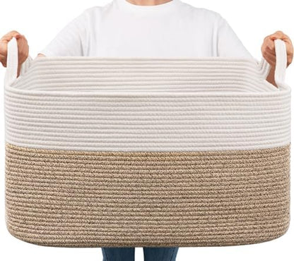Goodpick Large Woven Blanket Basket, 21.6" x 14.9" x 11.8" Storage Baskets for Organizing, Rectangle Cotton Rope Toy Basket for Living Room, Bedroom, White & Brown