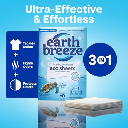 Earth Breeze Laundry Detergent Sheets Fragrance-Free - 180 Loads Eco Liquidless Soap - Travel-Friendly for Hot & Cold Cycles, Tackles Tough Stains & Odors - Gentle on Sensitive Skin, 90 Ct (3 Pack)