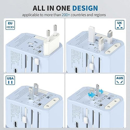 EPICKA Universal Travel Adapter, International Power Adapter with 2 USB-A & 3 USB-C Ports Wall Charger - Worldwide Travel Essentials, European Travel Plug Adapter for UK/US/AU (TA-105C, Blue)