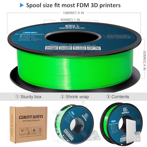 Geeetech Green PLA Filament 1.75mm, PLA 3D Printer Filament 1kg Spool(2.2lbs) Dimensional Accuracy +/- 0.02 mm, 3D Printing Filament Fits for Most FDM 3D Printers
