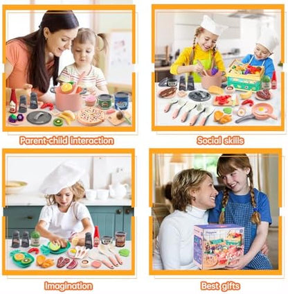 80pcs Pretend Play Kitchen Set for Toddlers, Kids Cookware Playset with Pots/Pans/Food/Fruits/Vegetables/Picnic Blanket/Storage Basket, Pink Educational Learning Toy Gift for Boys & Girls