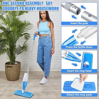 Spray Mop for Hardwood Floors Cleaning: Microfiber Wet Dry Floor Mops with 4 Washable Pads for Swiffer PowerMop - Flat Mop with Sprayer for Kitchen Tile Wood Laminate Vinyl