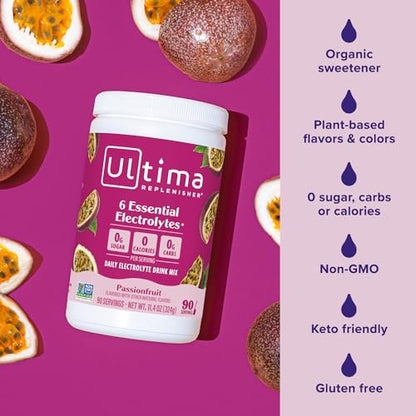 Ultima Replenisher Daily Electrolyte Powder Drink Mix – Sugar Free – Passionfruit, 90 Servings – Hydration Powder with 6 Key Electrolytes and Trace Minerals – Keto Friendly, Non-GMO