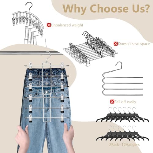 Pants Hangers with Clips,Space Saving Hanging Closet Organizer-6 Tiers Skirt Hangers with 360° Swivel Hook,Closet Organizer-Clothes Hangers- College Dorm Essentials Apartment Essentials- 4 Pack