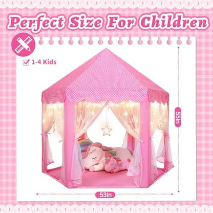 Monobeach Princess Castle Play Tent for Girls - Large 55'' x 53'' Playhouse with Star Lights for Indoor and Outdoor Play