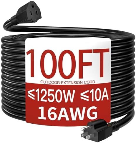 16/3 100 Ft Outdoor Extension Cord Waterproof, Weatherproof & Flame Retardant Heavy Duty Black 3 Prong Power Cord Outside for Lawn & Garden, 10A 1250W 125V 16AWG SJTW, ETL Listed