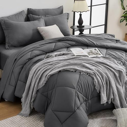 HEVUMYI 7 Pieces Queen Comforter Set, All Season Reversible Bed in a Bag Queen, Ultra Soft Queen Bedding Set with Grey Comforter, Flat Sheet, Fitted Sheet, Pillowcases, Pillow Shams, Dark Grey