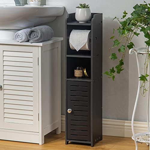 Toilet Paper Holder Stand,Bathroom Storage Cabinet Beside Toilet Storage for Small Bathroom with Toilet Roll Holder,Toilet Paper Stand for Small Space,Black by AOJEZOR