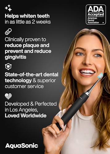 Aquasonic Black Series Ultra Whitening Toothbrush – ADA Accepted Electric Toothbrush- 8 Brush Heads & Travel Case – 40,000 VPM Electric Motor & Wireless Charging - 4 Modes w Smart Timer