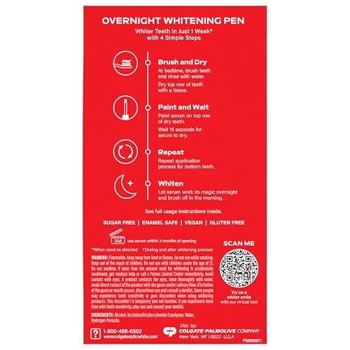 Colgate Optic White Overnight Teeth Whitening Pen, Teeth Stain Remover to Whiten Teeth, 35 Nightly Treatments, 0.08 Fl Oz