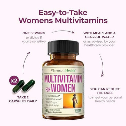 Multivitamin for Women – Essential Womens Multivitamins & Multiminerals 60 Liquid Capsules with Vitamin B12, A, D, C, Zinc, Magnesium & More for Total Wellness – 29 Key Nutrients & Vitamins for Women