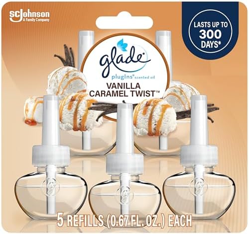 Glade PlugIns Refills Air Freshener, Scented and Essential Oils for Home and Bathroom, Vanilla Caramel Twist, 3.35 Fl Oz, 5 Count