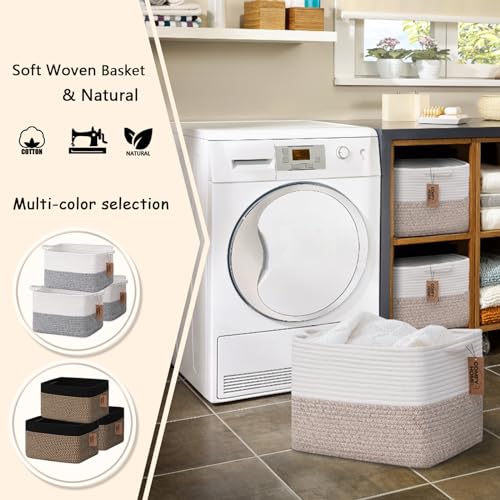 COMFY-HOMI Cotton Rope Woven Basket with Handles for Shelves,Toys,Book, Cloth Storage Baskets for Organizing-13.5" x 11" x 9.5" Toy Decorative Organizer for Living Room, Bathroom （White/Brown）