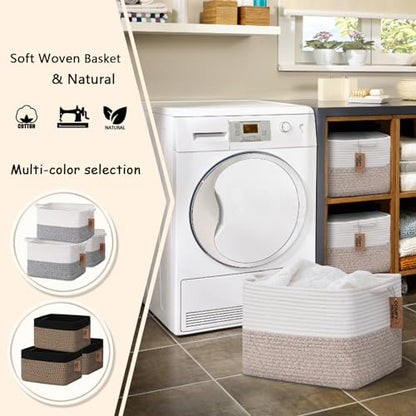 COMFY-HOMI Cotton Rope Woven Basket with Handles for Shelves,Toys,Book, Cloth Storage Baskets for Organizing-13.5" x 11" x 9.5" Toy Decorative Organizer for Living Room, Bathroom （White/Brown）