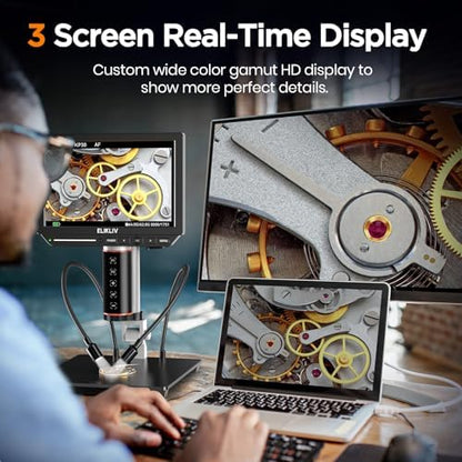 Elikliv Autofocus 4K Digital Microscope EM4K-AF, 52MP Soldering Microscope for PCB Repair, Coin Inspection & Watchmaking, 2000X Magnifier Scope, 8" IPS Screen, HDMI/USB Output, 10" Stand, 64GB Card