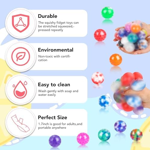 120 Pack Fidget Stress Balls for Adults, Bulk Squishy Squeeze Fidget Balls, Anxiety and Stress Relief Ball for Adults, Birthday Gift, Party Favors and Goodie Bag Stuffers