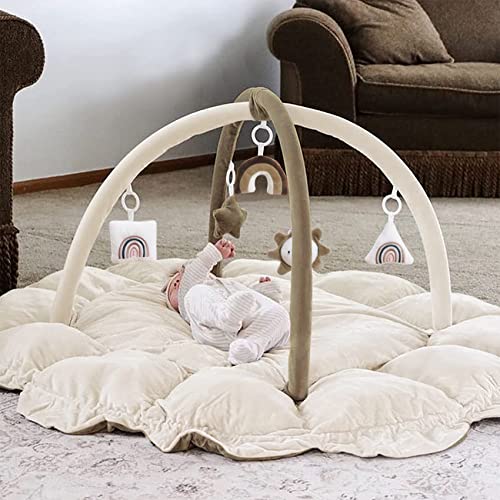 5-in-1 Thick & Plush Baby Play Gym, Baby Play Mats for Floor, Tummy Time Mat with 6 Toys, Cat Bed, Dog Bed, Convertible Stage-Based Developmental from Babies to Toddler, Ball Pit, Pet Cushion, Brown