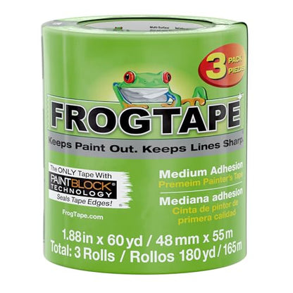 FrogTape Multi-Surface Painters Tape with PAINTBLOCK, 2 Inch Wide (1.88 In. x 60 Yds), Medium Adhesion, Green, 3 Rolls (240661)
