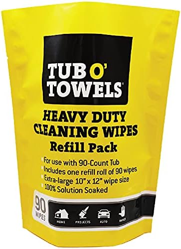 Tub O' Towels Heavy-Duty Cleaning Wipes Refill Pack, Fits 90-Count Canister, Extra-Large 10" x 12" Multi-Surface Wipes for Grease, Grime, and Tough Stains, Convenient Refill for Home, Auto, and More