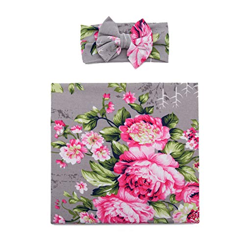 Galabloomer Newborn Receiving Blanket Headband Set Baby Flower Rose Swaddle with Big Bow (Gray)