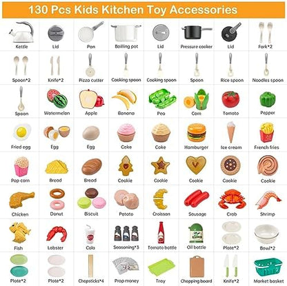 130Pcs Kitchen Playset, Toddler Pretend Cooking Play Pots, Pans, Utensils Cookware, Daily Food Fruit Veges, Shopping Storage Basket, Dessert, Prop Money, Learning Gift for Child (White)