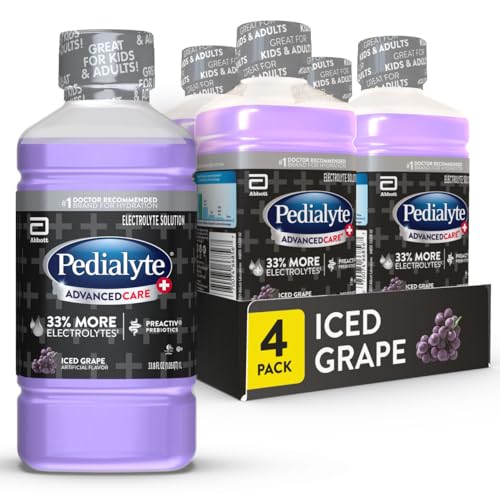 Pedialyte AdvancedCare Plus Electrolyte Hydration Drink, Has 33% More Electrolytes and Has PreActiv Prebiotics, Iced Grape, 1 Liter, Pack of 4