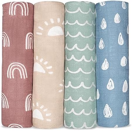 Comfy Cubs Muslin Swaddle Blankets Pack of 4, 47 x 47 Inches, Soft Cotton Baby Blanket Set, Large Multipurpose Swaddling Wraps for Newborns - Self-Soothing Swaddle - Sun, Rainbow, Rain, Doodle